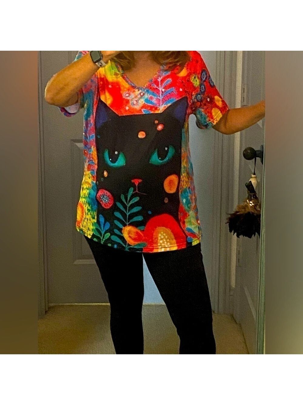 Y2K black cat in a garden t-shirt 3D cute cat woman v neck preloved XXL stretchy